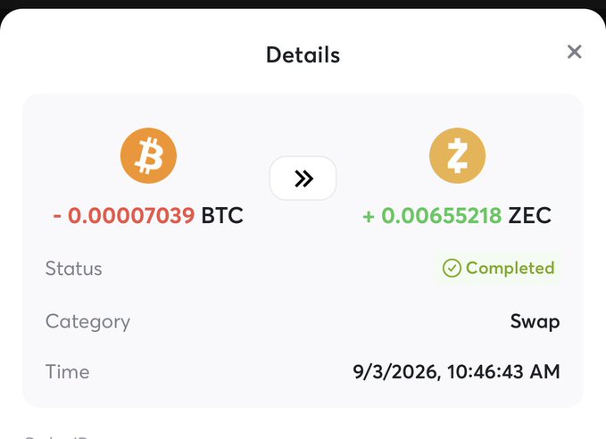 A transaction details screen showing a completed swap of -0.00007039 BTC for +0.00655218 ZEC, processed on 9/3/2026 at 10:46:43 AM.