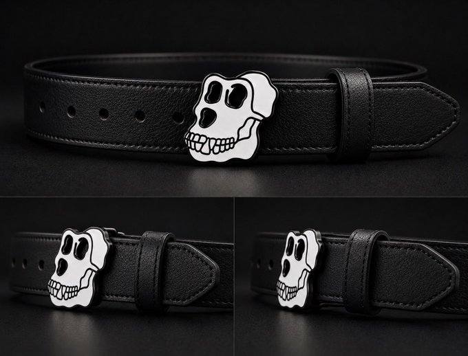 A black leather belt featuring a silver buckle shaped like a Bored Ape Yacht Club (BAYC) skull logo, shown from multiple angles. The product mockup visualizes the fan's request to create BAYC-themed fashion accessories.