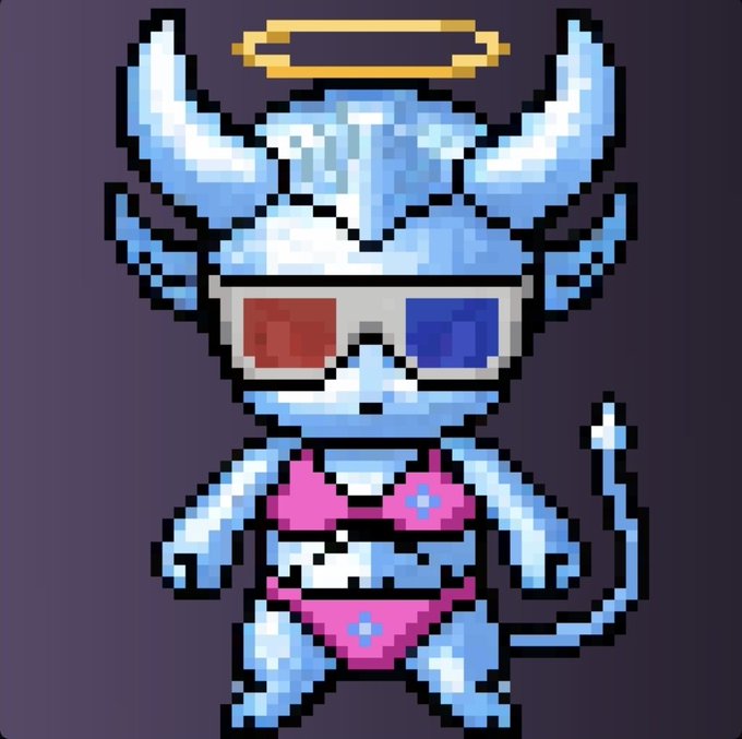 A pixel art illustration of a blue-skinned demonic character with horns, a golden halo, and a tail, wearing red-and-blue 3D glasses and a pink bikini.