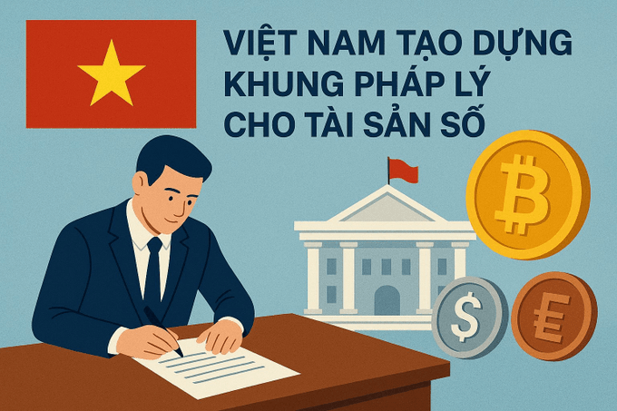 An illustrated news graphic featuring the Vietnamese flag, a cartoon man in a suit signing a document, a government building, and Bitcoin and currency coins, with text reading 'VIỆT NAM TẠO DỰNG KHUNG PHÁP LÝ CHO TÀI SẢN SỐ' (Vietnam builds a legal framework for digital assets).