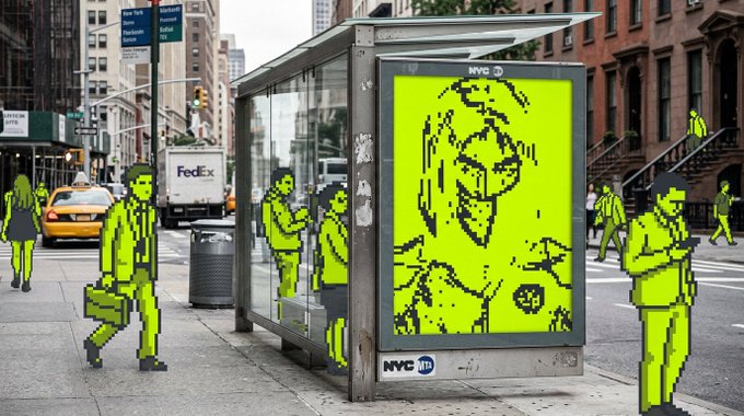 A New York City street scene where a bus stop advertisement for NYC featuring a face has been augmented with pixelated green and black figures of pedestrians walking by on the sidewalk.