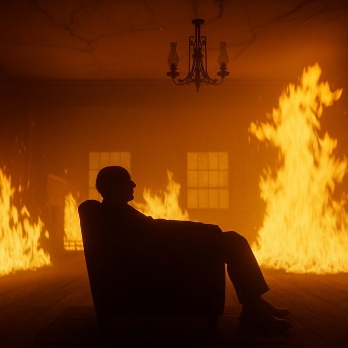 The image shows a man sitting in a chair, facing a room filled with flames. The fire appears to be burning down the walls of the room, creating an intense and dramatic scene. In the background, there are two windows that add depth to the image. The caption above the photo reads "This is how it feels to know that crypto is dipping but you refuse to check your portfolio". This phrase suggests a connection between the man's situation in the image and the world of cryptocurrency.