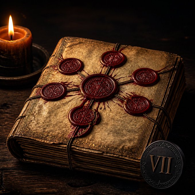 An ancient, weathered book bound with seven blood-red wax seals rests beside a flickering candle, with a dark coin marked "VII" in the foreground—visually echoing the post's allusion to the Seven Seals and the imminent unveiling of "$VII / SEPTEM."