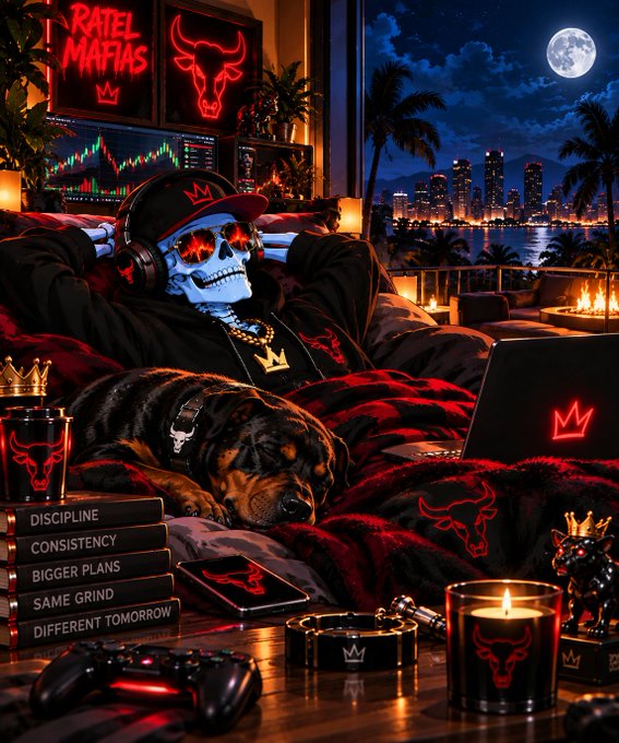 A skull-wearing, red-eyed figure in headphones lounges on a bed alongside a sleeping Rottweiler, surrounded by motivational books labeled "DISCIPLINE," "CONSISTENCY," "BIGGER PLANS," "SAME GRIND," and "DIFFERENT TOMORROW," with "RATEL MAFIAS" branding visible on the wall and laptop. The "RATEL MAFIAS" branding, crown motifs, and stack of discipline-themed books visually reinforce the post's message about grinding daily and showing up to build toward tomorrow.