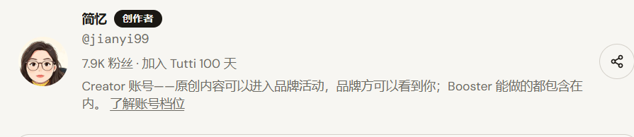 A social media creator profile card for '简忆' (@jianyi199), indicating '7.9K 粉丝' (followers) and '加入 Tutti 100 天', with a description in Chinese.