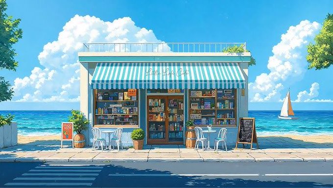 The image features a small bookstore with a blue and white striped awning, situated by the ocean. The store has several books displayed outside its windows, inviting passersby to explore their collection. There are also chairs and tables set up outside the store for customers to sit and enjoy the view of the sea while browsing through the books. A boat can be seen in the distance on the water, adding a touch of maritime charm to the scene. The overall atmosphere suggests that this bookstore is not only a place to buy books but also a peaceful spot where one can relax and immerse themselves in reading or simply enjoy the ocean view.