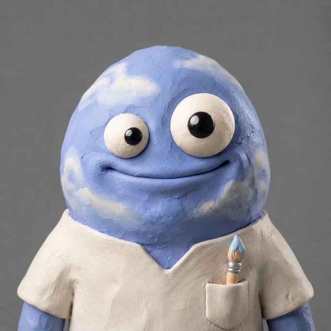 A blue clay-like character with large white eyes and a wide smile wears a white shirt with a small paintbrush tucked into the front pocket.