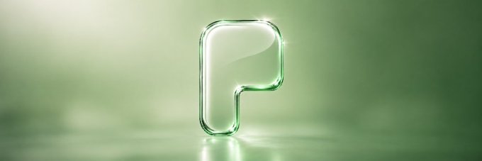 3D rendered glassy transparent letter 'P' icon with a glossy green tint and soft glowing background.