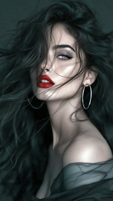 A digital illustration or AI-generated portrait of a woman with long dark wavy hair, wearing red lipstick and large silver hoop earrings, against a dark background.
