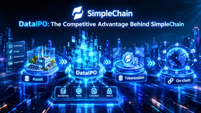 A digital marketing graphic titled 'DataIPO: The Competitive Advantage Behind SimpleChain' displays a futuristic blue cityscape with icons for Asset, Tokenization, and On-chain, alongside features for Real Estate, Energy, Infrastructure, and Supply Chain.
