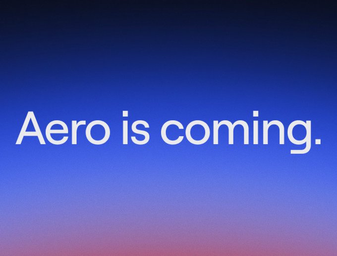 A minimalist graphic with a blue to purple gradient background displaying the white text 'Aero is coming.'