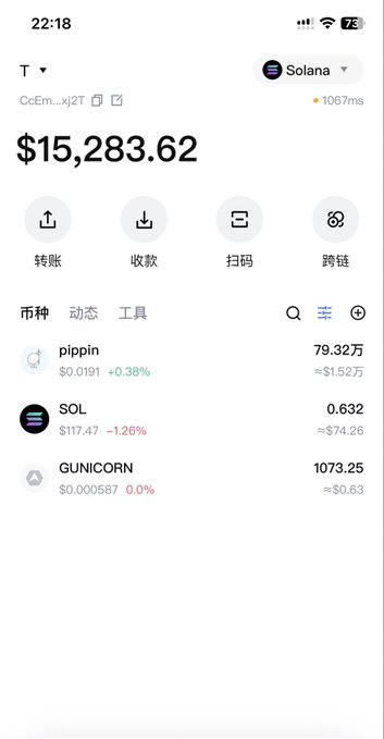 Mobile crypto wallet screenshot on Solana network showing balance of $15,283.62 with tokens including pippin, SOL ($117.47), and GUNICORN.