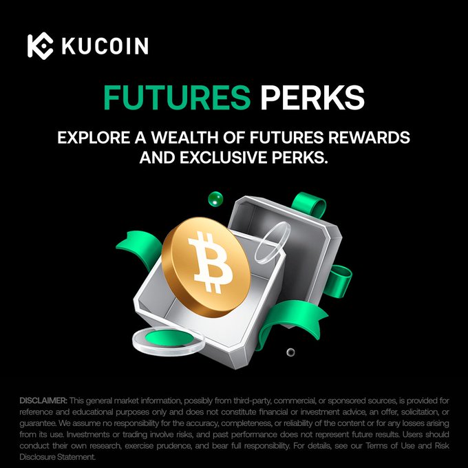 A KuCoin "Futures Perks" promotional graphic featuring the KuCoin logo, an illustration of a gold Bitcoin coin in an open treasure chest with green ribbons, and the tagline "Explore a wealth of futures rewards and exclusive perks," tying into the post's message about accessing trial funds, deduction coupons, and bonus perks at kucoin.com/futures/perks.