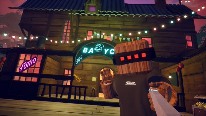 A first-person view in a stylized video game shows a wooden barrel-headed character wearing a black t-shirt standing outside a building with neon signs reading "Fomo" and "BAYO'S", with string lights decorating the scene.