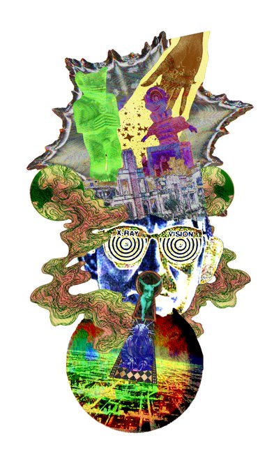An abstract collage artwork featuring a distorted skull-like face with hypnotic spiral eyes labeled "X-RAY" and "VISION," surrounded by colorful shapes and imagery on a white background.
