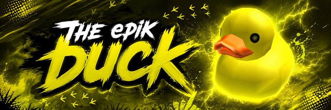 A vibrant yellow banner features the text "The epiK Duck" in bold, brushstroke-style lettering alongside a glowing yellow rubber duck set against a dark background with lightning effects. The image ties to the post promoting the $EPIK duck token, highlighting its trading history on Ethereum and Pump, along with its contract address.