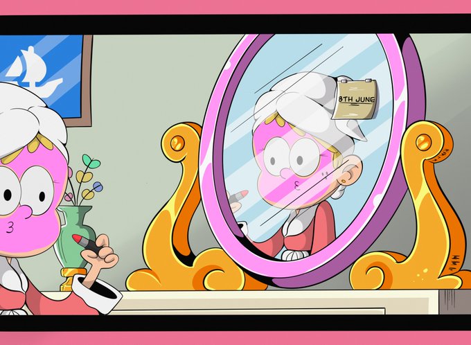The image features a cartoon girl with pink hair who is getting ready for an event, as she puts on makeup using a mirror. The girl's reflection can be seen in the mirror, which has a pink frame. In addition to the main character, there are other characters present in the scene, including a vase and some flowers. The image also includes text that reads "giving away 7 GTD wl spots for @sereinoneth supply 1200 sereins follow @sereinoneth like + RT - drop evm wallet in comments winner".
