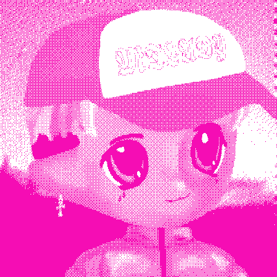 A pink-toned, halftone-style illustration of a stylized anime character wearing a cap labeled "Uniswap" is shown, visually tying the cute mascot aesthetic to the post's "Uniswap world domination" message.