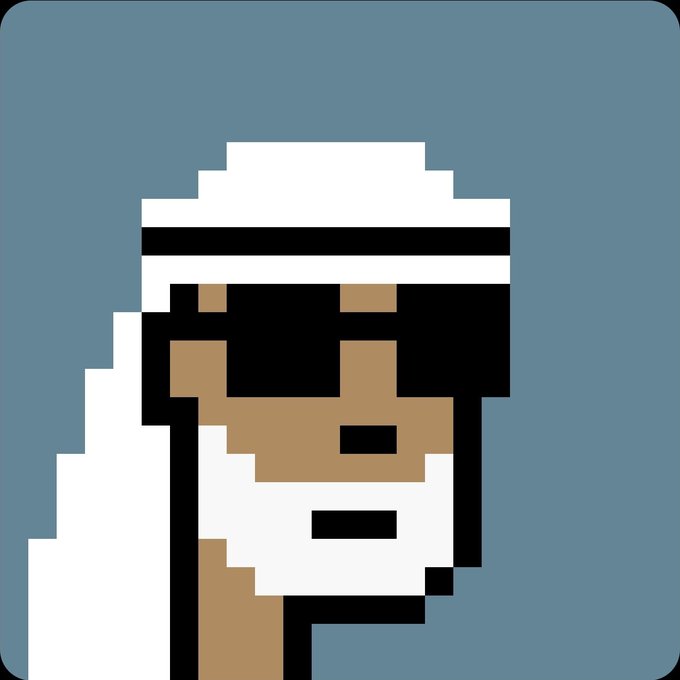 A pixel-art NFT profile picture featuring a figure in a white headdress (keffiyeh) with black band against a blue background, representing the character style of TheSaudisNFT collection being given away.