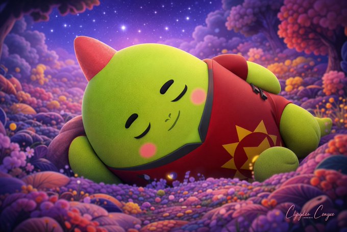The image features a green dinosaur character wearing a red shirt, lying down with its eyes closed, giving off a sense of relaxation or sleepiness. The background consists of purple flowers and trees, creating a whimsical and enchanting atmosphere. The image also includes text that reads "gSleep GM The more @sleepagotchi updates, the more Dino Gotchis feel less like regular NFTs and more like a real part of the product". This suggests that the character is not just an item for sale but rather a unique and valuable asset within the game.