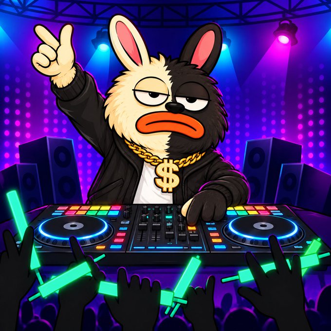 A half-white, half-black cartoon rabbit DJ wears a gold "$" chain and bicep-thrusts from behind a turntable deck on a neon-lit stage while crowd hands wave glow sticks below. The image visually reinforces the post's "$BORO" and "$Sol" airdrop promotion by featuring the dollar sign symbol and flashy crypto-hype club energy to attract the first 2,000 wallets.