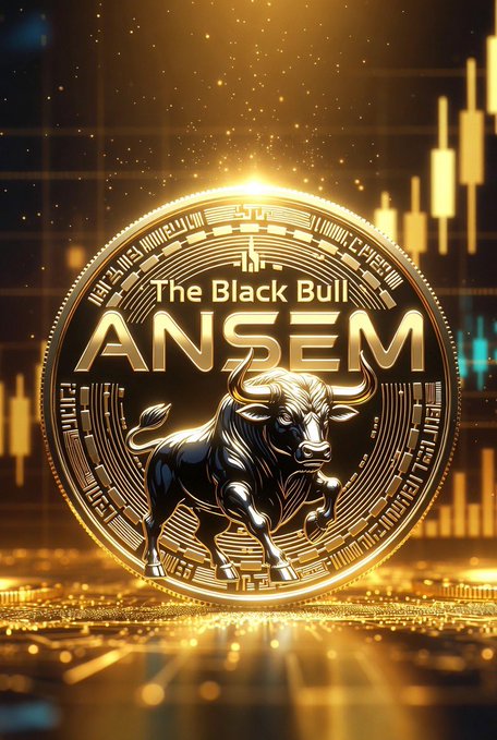 A gleaming gold coin features a charging black bull with the text "The Black Bull ANSEM" against a backdrop of golden candlestick charts, visually reinforcing the post's bullish hype for the ANSEM meme coin.