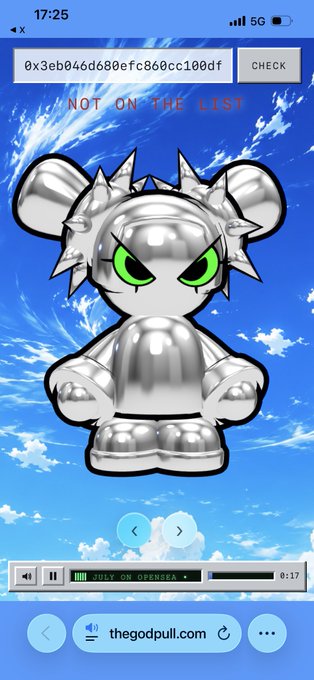 A mobile screenshot showing a silver spiked teddy bear character on a sky background, with the text 'NOT ON THE LIST' in red, a check button, and the URL 'thegodpull.com' visible at the bottom.