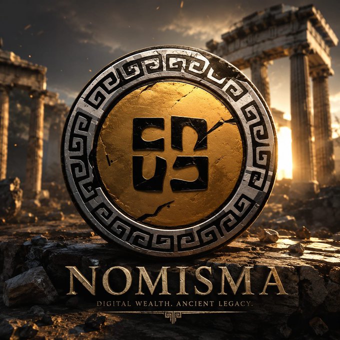 A promotional graphic for 'NOMISMA' featuring an ancient Greek-style gold and silver coin with geometric patterns, set against ancient temple ruins, with the tagline 'Digital Wealth. Ancient Legacy.'