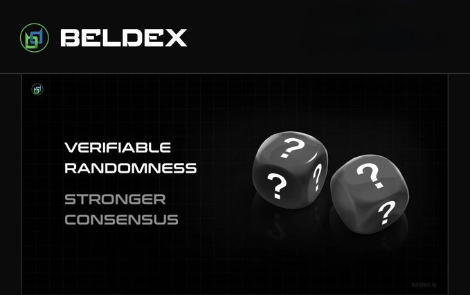 Promotional graphic for BELDEX featuring its green logo, with text reading 'VERIFIABLE RANDOMNESS' and 'STRONGER CONSENSUS' alongside two black dice with white question marks.