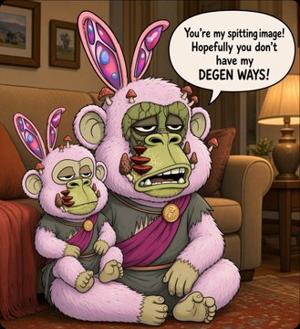A cartoon illustration of two zombie-like green creatures wearing pink bunny costumes sitting on a couch, with a speech bubble reading: 'You're my spitting image! Hopefully you don't have my DEGEN WAYS!'