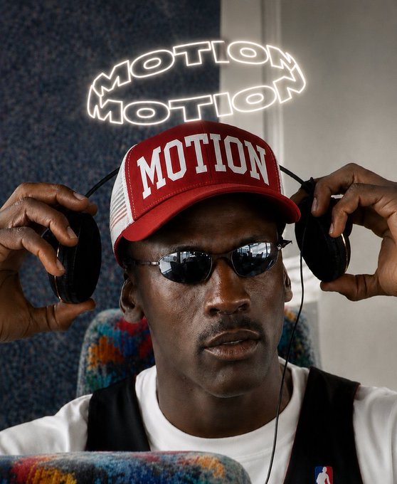 A man wearing sunglasses, a red 'MOTION' cap, and headphones poses in front of a neon 'MOTION MOTION' sign.