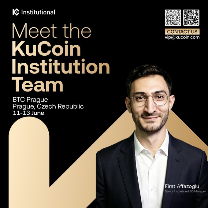 The image features a man wearing glasses and a suit standing against a black background with gold lettering. The text "Meet the KuCoin Institutional team" is written above him, indicating that he is being introduced as part of the team. The image also includes a photo of the man in front of a yellow arch, which further emphasizes his presence at an event related to Bitcoin or cryptocurrency.