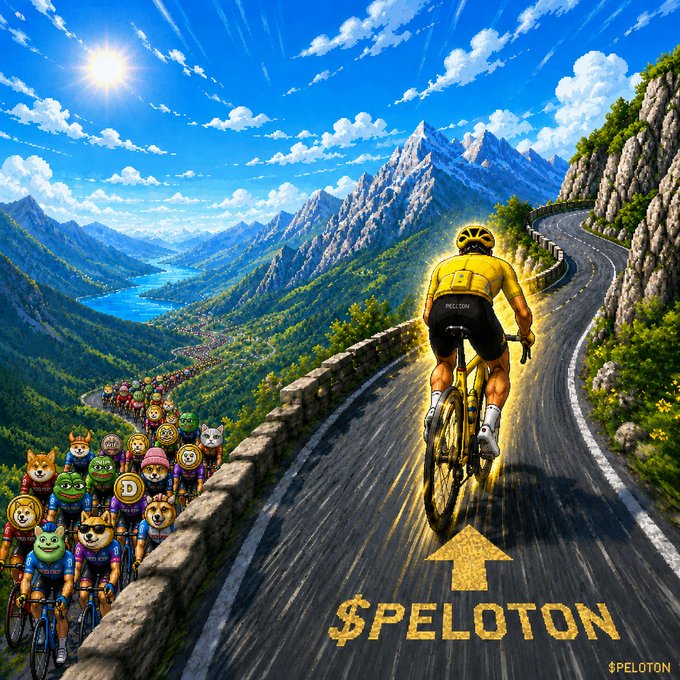 A lone cyclist in a yellow jersey labeled "PELOTON" powers up a steep mountain road, leaving behind a colorful peloton of various meme-coin riders, visually echoing the post's analogy that most crypto tokens follow the leader and fade while only a few break ahead.