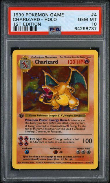 A PSA 10 graded 1999 Pokemon Game Charizard Holo 1st Edition trading card (#4), encapsulated and labeled as GEM MT 10 with serial number 64298737.