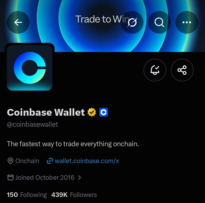 A Coinbase Wallet Twitter/X profile page with the tagline 'The fastest way to trade everything onchain', showing 439K followers and joined October 2016.