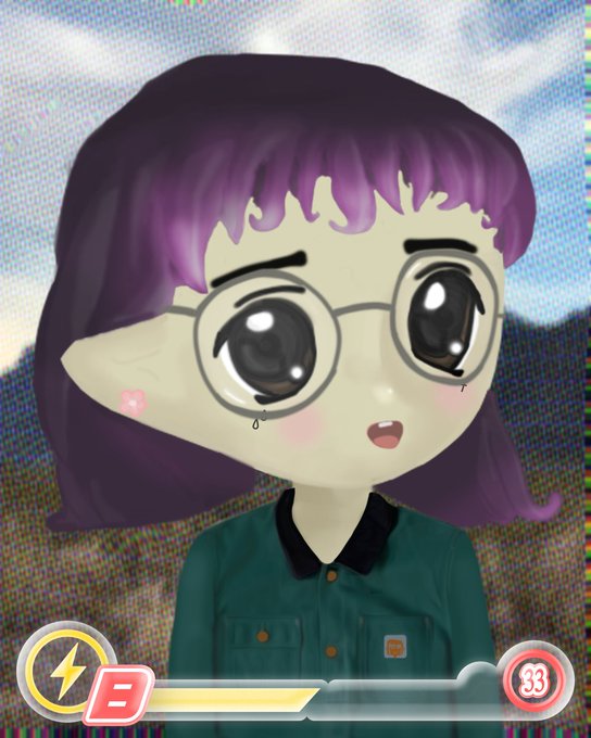 A digital illustration of a cartoon-style character with purple hair, glasses, and a green collared shirt, displayed within a game UI featuring a lightning bolt icon labeled 'B' and a timer showing '33'.