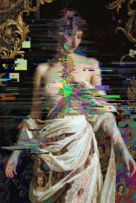 A classical portrait of a woman in white drapery is heavily distorted by digital glitch effects and colorful static, set against an ornate golden background.