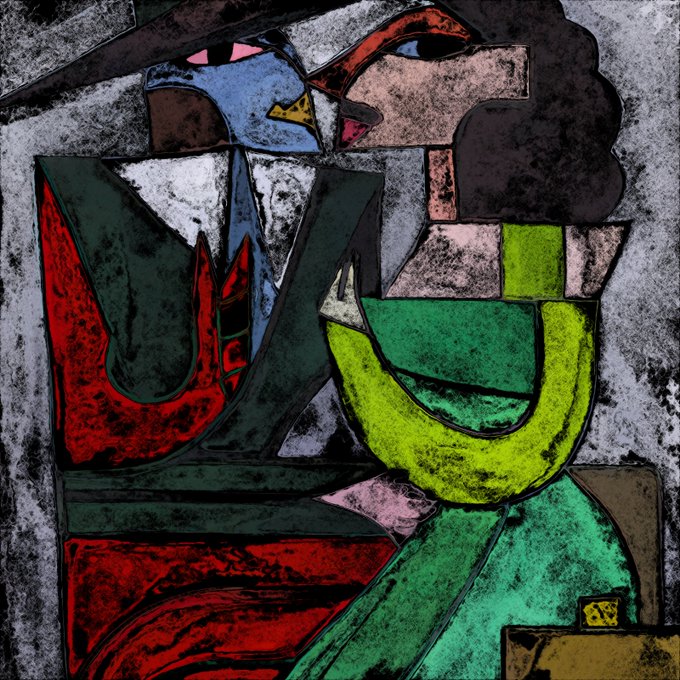 A vibrant abstract cubist-style painting featuring bold geometric shapes in red, green, yellow, blue, and brown with figurative elements, signed with a monogram in the bottom right corner.