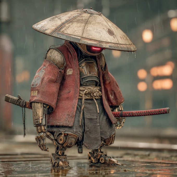 The image features a robot-like figure standing in water, wearing a traditional Japanese outfit that includes a hat and a red robe. The robot has a sword in its hand, which adds an element of danger or intrigue to the scene. The background is blurred, making it difficult to discern any specific details about the setting. The post reads "QT with your Ronin art A Lone Cybernetic Ronin", suggesting that this image might be related to a discussion or exhibition on the concept of robots and their connection to traditional Japanese culture.
