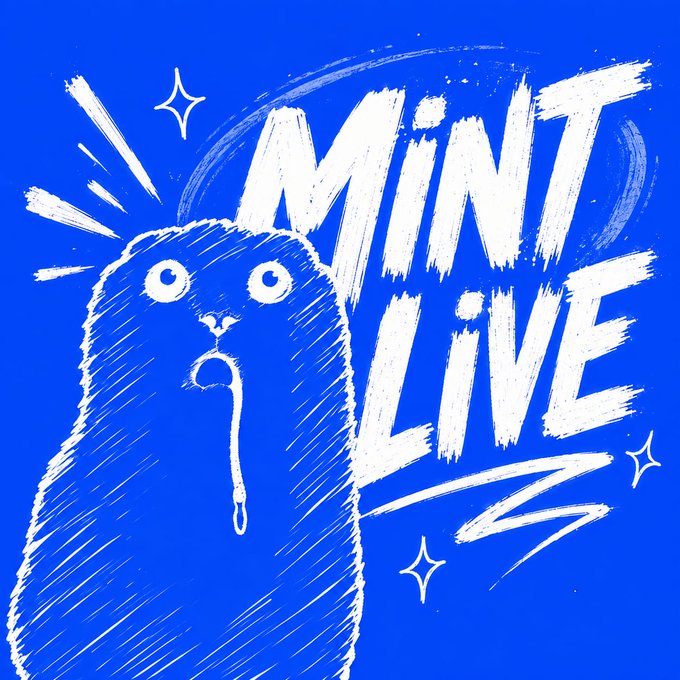 The image shows a hand-drawn, wide-eyed surprised cat illustration on a bright blue background with the bold white text "MINT LIVE," creatively tying into the post's announcement of GreedCats public mint now being live on OpenSea.