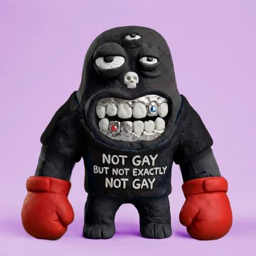 A black clay figurine with red boxing gloves and an exaggerated grimacing face, with text reading 'NOT GAY BUT NOT EXACTLY NOT GAY'.