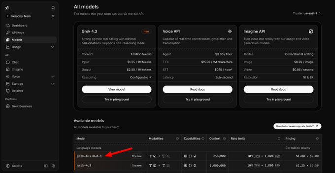 The image features a computer screen with a web page displayed, likely from an online store or marketplace. The focus of the image appears to be related to an online shopping experience, specifically a discussion about available models for a product called Grok. Users have inputted the model number in both English and another language on this site's search bar, and there are several options presented.
 
As for the post itself, it is discussing the Grok build system's features, highlighting that grok-build-0.1 can be used to build an AI application. This AI application could potentially be useful for analyzing data and making predictions or decisions based on patterns. The source of this information seems to come from the API console in public beta stage, where users may provide feedback or test the functionality before it is released to a wider audience.