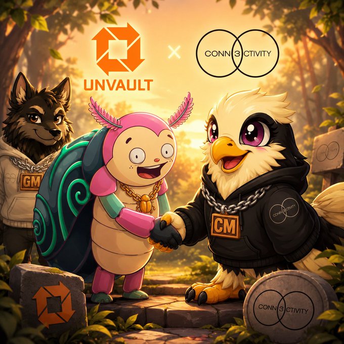 A friendly cartoon bug labeled "CM" and a griffin-like creature labeled "GM" shake hands in a forest setting, with logos for "UNVAULT" and "CONN3CTIVITY" prominently displayed above and around them, visually symbolizing the collaboration between the two projects announced in the post.