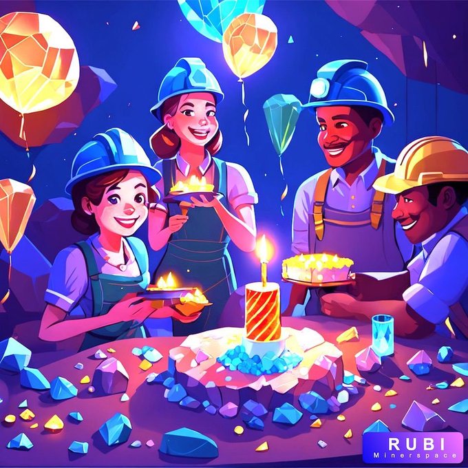 Four smiling miners in hard hats and overalls celebrate around a candle-topped cake, surrounded by colorful gems and balloons, with a "RUBI Minerspace" logo in the corner—visually echoing the post's excited call to "dust off your mining tools" for an upcoming token drop or event.