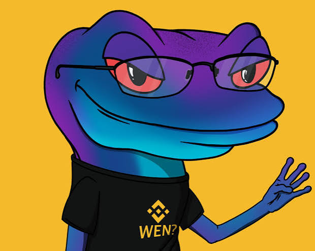 A cartoon illustration features a smug-looking blue and purple frog wearing glasses and a black 'WEN?' Binance t-shirt against a yellow background.