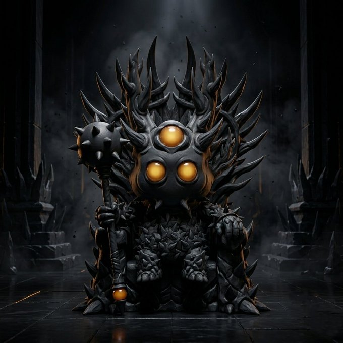 A small, dark armored figure with glowing orange eyes sits upon a spiky throne, holding a spiked mace, looking like a fearsome chibi-style dark lord. The post playfully references this image by wishing that one's current chair will one day become a throne, humorously equating the comfort of sitting with the ambition of ruling.