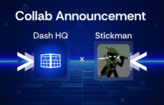 A blue promotional graphic titled 'Collab Announcement' featuring 'Dash HQ' and 'Stickman' icons with a central 'x' indicating a collaboration.