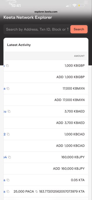 Screenshot of the Keeta Network Explorer showing "Latest Activity" transactions, including 1,000 KBGBP, 17,000 KBMXN, 3,700 KBAED, 1,000 KBCAD, and 160,000 KBJPY, confirming the post's claim of recent cross-chain activity on the Keeta mainnet.