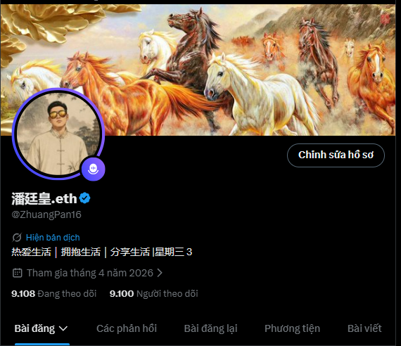A Twitter profile for '潘廷皇.eth' (@ZhuangPan16) with a verified checkmark, featuring a banner of running horses, a profile picture of a person in a mask, and Vietnamese text including 'Chỉnh sửa hồ sơ', '9.108 Đang theo dõi', and '9.100 Người theo dõi'.