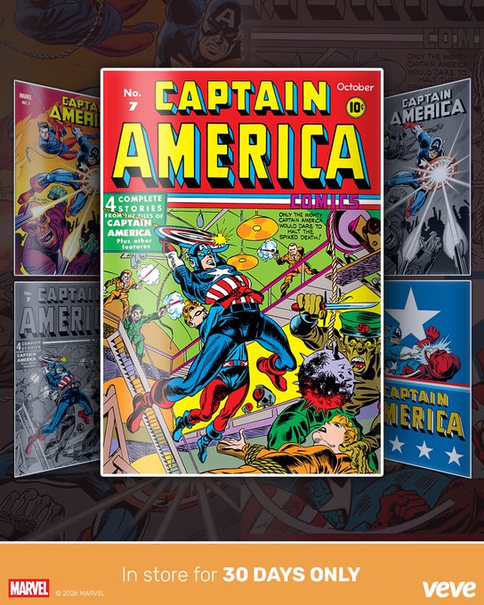 A promotional image showcases Marvel's Captain America Comics (1941) #7 in vibrant detail, with the central cover highlighting the Red Skull and Captain America in dynamic action, while text announces a 30-day limited availability drop on VeVe. The image aligns with the post's announcement of the blind box waitlist release, featuring the classic Golden Age comic with multiple cover variants.